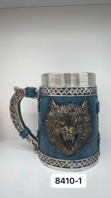 Büyük Boy Mavi Kurt Motifli Çelik Kupa Kod 8410-1