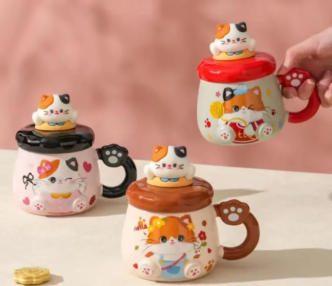 Kedi Desenli Figürlü Seramik Bardak