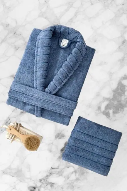 AquaLoom Lüx Erkek Bornoz ve Havlu Seti %100 Pamuklu Mavi