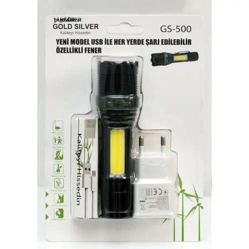 Metal El Feneri Usb Şarjlı 4 Kademeli Zoomlu Gs 500