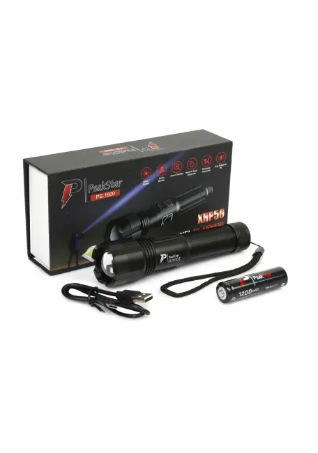 Peakstar Ps-1600 Süper Parlak Led Zoomlu 5 Mod Su Geçirmez Profesyonel Kamp Bekçi Avcı Feneri