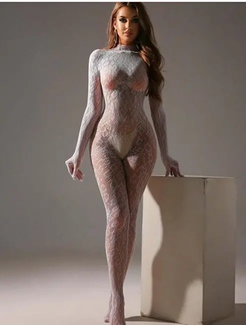 Kadın Seksi Leopar Desenli Transparan File Tulum Uzun Kollu Eldivenli Büyük Beden Vücut Çorabı