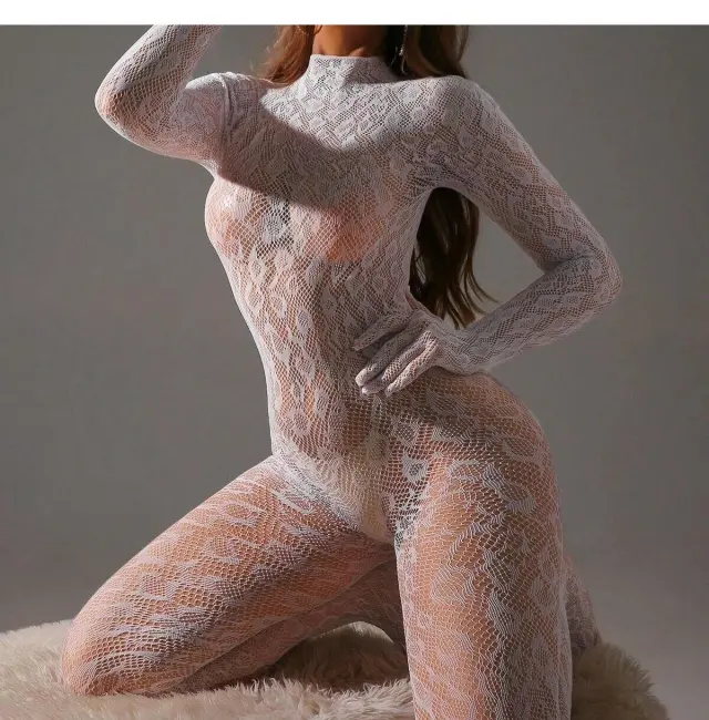 Kadın Seksi Leopar Desenli Transparan File Tulum Uzun Kollu Eldivenli Büyük Beden Vücut Çorabı