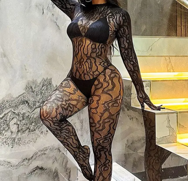 Kadın Seksi Leopar Desenli Transparan File Tulum Uzun Kollu Eldivenli Büyük Beden Vücut Çorabı