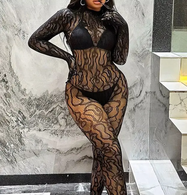 Kadın Seksi Leopar Desenli Transparan File Tulum Uzun Kollu Eldivenli Büyük Beden Vücut Çorabı