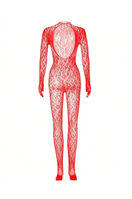 Kadın Seksi Leopar Desenli Transparan File Tulum Uzun Kollu Eldivenli Büyük Beden Vücut Çorabı