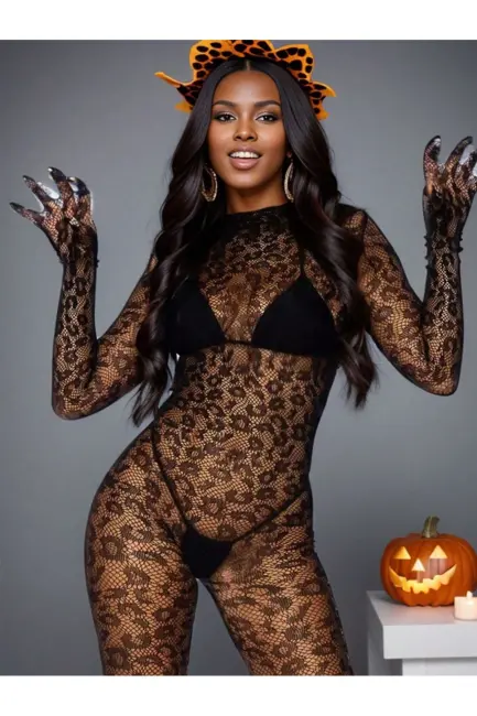 Kadın Özel Bölgesi Açık Siyah Leopar Fantazi Vücut Çorabı