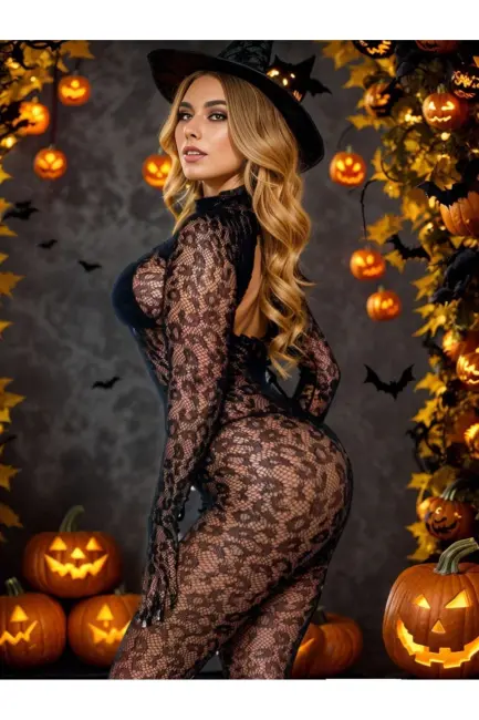 Kadın Özel Bölgesi Açık Siyah Leopar Fantazi Vücut Çorabı