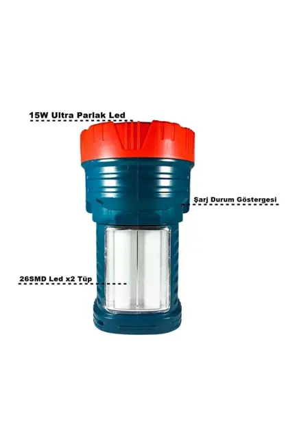 Silver Projektör 15w Led Şarjlı El Feneri Ve X2 Tüp 26smd Led Çift Yönlü